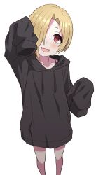 1girl :d black_hoodie blonde_hair blush earrings hair_over_one_eye halulu highres hood hood_down hoodie idolmaster idolmaster_cinderella_girls jewelry long_sleeves looking_at_viewer open_mouth oversized_clothes red_eyes shirasaka_koume short_hair simple_background sleeves_past_fingers sleeves_past_wrists smile solo standing white_background