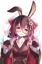 Rule 34 | 1girl, absurdres, android, animal ears, black-framed eyewear, blush, brown hair, collarbone, extra ears, frilled sleeves, frills, glasses, gradient hair, hair between eyes, hair ornament, hands up, head tilt, highres, hololive, japanese clothes, kimono, long hair, long sleeves, looking at viewer, mechanical arms, multicolored hair, ninniku mashimashi, obi, parted lips, rabbit ears, red kimono, roboco-san, roboco-san (new year), sash, smile, solo, teardrop-framed glasses, teeth, virtual youtuber, wide sleeves, yellow eyes