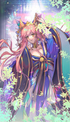Rule 34 | 1girl, animal ear fluff, animal ears, bell, blue kimono, breasts, cleavage, collarbone, crown, fate/grand order, fate (series), fox ears, fox girl, fox tail, highres, japanese clothes, kimono, large breasts, long hair, looking at viewer, multiple tails, off shoulder, pink hair, solo, surui888666, tail, tamamo (fate), tamamo no mae (fate/extra), tamamo no mae (third ascension) (fate), very long hair, yellow eyes