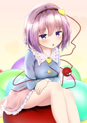 Rule 34 | 1girl, :o, arm rest, blue shirt, blush, breast rest, breasts, commentary request, crossed arms, feet out of frame, frilled skirt, frills, glint, gradient background, hair between eyes, hairband, hand on own thigh, heart, komeiji satori, long sleeves, looking at viewer, medium breasts, petticoat, pillow, pink background, pink hair, pink skirt, purple eyes, shirt, short hair, sitting, sitting on pillow, skirt, solo, third eye, touhou, yuuforia