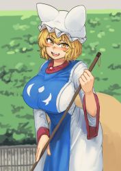Rule 34 | 1girl, :d, animal hat, blurry, blurry foreground, blush, breasts, chanta (ayatakaoisii), commentary request, depth of field, hat, highres, huge breasts, long sleeves, mob cap, open mouth, shirt, skirt, slit pupils, smile, solo, standing, tabard, touhou, white hat, white shirt, white skirt, wide sleeves, yakumo ran