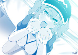 Rule 34 | 1girl, bed, blue theme, blush, breasts, cleavage, commentary request, feet out of frame, flat cap, hair bobbles, hair ornament, hat, highres, kagiyama shachou, kawashiro nitori, large breasts, looking at viewer, medium hair, monochrome, open mouth, oral invitation, saliva, short sleeves, sidelocks, sitting, solo, sweat, tongue, tongue out, touhou, two side up