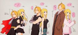 Rule 34 | 1boy, 1girl, :d, age progression, automail, back-to-back, belt, black shirt, blonde hair, blue eyes, braid, breasts, coat, crossed arms, downscaled, earrings, edward elric, expressionless, formal, frown, fullmetal alchemist, grey background, hanayama (inunekokawaii), hand in pocket, happy, height difference, jacket, jewelry, locked arms, long hair, looking at another, looking back, md5 mismatch, medium breasts, open mouth, pants, pink shirt, ponytail, profile, red coat, resized, shirt, simple background, skirt, sleeveless, smile, speech bubble, standing, thought bubble, timeskip, translation request, upper body, v, white shirt, winry rockbell, wrench, yellow eyes