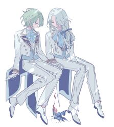 Rule 34 | 2boys, ascot, bad id, bad pixiv id, blue ascot, blue butterfly, bug, butterfly, closed mouth, collared shirt, ensemble stars!, fire, full body, gloves, green hair, grey hair, hair between eyes, holding hands, insect, invisible chair, jacket, long hair, long sleeves, male focus, meremero, multiple boys, pants, ponytail, purple eyes, ran nagisa, red eyes, shirt, shoes, short hair, simple background, sitting, smile, tomoe hiyori, white background, white footwear, white gloves, white jacket, white pants, white shirt