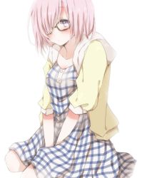 Rule 34 | between legs, blue eyes, blush, collarbone, fate/grand order, fate (series), glasses, hair over one eye, hand between legs, hiro (hirohiro31), light purple hair, looking at viewer, mash kyrielight, mash kyrielight (senpai killer outfit), official alternate costume, semi-rimless eyewear, short hair, simple background, sitting, skirt, solo, white background