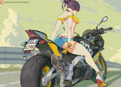 Rule 34 | 1girl, bare shoulders, black hair, black panties, breasts, butt crack, collar, creatures (company), cutesexyrobutts, denim, denim shorts, elesa (pokemon), from behind, game freak, highres, license plate, looking at viewer, looking back, medium breasts, motor vehicle, motorcycle, nintendo, no bra, panties, pokemon, pokemon bw2, revealing clothes, short shorts, shorts, solo, straddling, strapless, thong, tube top, underboob, underwear, watermark, web address, whale tail, whale tail (clothing)