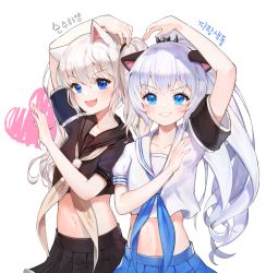 Rule 34 | 2girls, :d, animal ears, annyeongbangawo, arm up, black sailor collar, black serafuku, black shirt, black skirt, blade &amp; soul, blue eyes, blue neckerchief, blue skirt, brown neckerchief, character request, commentary request, crop top, grin, hair between eyes, heart, high ponytail, korean commentary, korean text, long hair, midriff, multiple girls, navel, neckerchief, open mouth, pleated skirt, ponytail, sailor collar, school uniform, serafuku, shirt, short sleeves, silver hair, simple background, skirt, smile, translation request, twintails, v-shaped eyebrows, very long hair, white background, white sailor collar