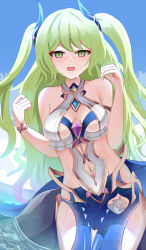 Rule 34 | 1girl, bare shoulders, blue sky, blush, breasts, clothing cutout, cloud, commentary, green eyes, green hair, hair ornament, highres, honkai (series), honkai impact 3rd, looking at viewer, medium breasts, mobius (daughter of corals) (honkai impact), mobius (honkai impact), navel, navel cutout, official alternate costume, open mouth, outdoors, sky, solo, swimsuit, symbol-only commentary, twintails, waff waffu, water, wristband