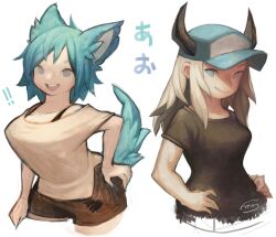 Rule 34 | !, !!, 2girls, animal ears, baseball cap, black horns, black shirt, blue eyes, blue hair, blue headwear, bra strap, breasts, brown shorts, closed eyes, closed mouth, commentary request, cowboy shot, dog ears, dog girl, dog tail, fake horns, hat, horned headwear, horns, htm (gixig), large breasts, medium breasts, multiple girls, off-shoulder shirt, off shoulder, open mouth, original, shirt, short sleeves, shorts, signature, simple background, smile, t-shirt, tail, teeth, upper teeth only, white background, white hair, white shirt