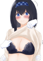 Rule 34 | 1girl, bad id, bad pixiv id, black hair, blue eyes, blue hairband, blush, bra, bra pull, breasts, cleavage, clothes lift, clothes pull, disembodied hand, hairband, highres, idolmaster, idolmaster cinderella girls, lace, lace-trimmed bra, lace trim, large breasts, long sleeves, plaid hairband, sagisawa fumika, shirt, shirt lift, solo, surprised, tsukiyono, underwear, undressing another, upper body, wavy mouth, white shirt