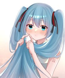 Rule 34 | 1girl, aqua eyes, aqua hair, aqua necktie, artist name, bare arms, bare shoulders, black ribbon, blush, closed mouth, collared shirt, gradient background, grey shirt, hair between eyes, hair ribbon, hatsune miku, highres, holding, holding own hair, keykohaku, lens flare, long hair, looking at viewer, necktie, no detached sleeves, noise, number tattoo, pink background, ribbon, shirt, shoulder tattoo, simple background, sleeveless, sleeveless shirt, solo, tattoo, twintails, upper body, vocaloid