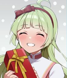 Rule 34 | 1girl, ahoge, blush, bow, box, christmas, closed eyes, commentary, dot nose, dress, facing viewer, gift, gift box, green hair, grey background, grin, hairband, highres, holding, holding gift, idolmaster, idolmaster million live!, idolmaster million live! theater days, long hair, raimone26, red bow, red hairband, ribbon, shimabara elena, sidelocks, smile, solo, symbol-only commentary, teeth, upper body, white dress, yellow bow, yellow ribbon