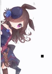 Rule 34 | 1girl, animal ears, back bow, belt, black bow, blue flower, blue rose, bow, bowler hat, brown hair, brown thighhighs, dagger, dress, flower, fur collar, hair over one eye, hat, hat flower, highres, horse ears, horse girl, knife, knife sheath, lace, lace-trimmed dress, lace-trimmed thighhighs, lace trim, large bow, leaning to the side, long hair, n u, off-shoulder dress, off shoulder, one eye covered, purple eyes, rice shower (umamusume), rose, sheath, sheathed, thighhighs, tilted headwear, triangle mouth, umamusume, weapon