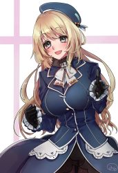 Rule 34 | 1girl, atago (kancolle), beret, black gloves, blonde hair, blue hat, breasts, frilled sleeves, frills, gloves, grey eyes, hat, highres, kantai collection, large breasts, long hair, long sleeves, military, military uniform, mizoredama1, pantyhose, skirt, solo, uniform