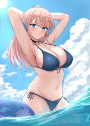 Rule 34 | 1girl, absurdres, armpits, arms up, ball, beachball, bikini, blonde hair, blue bikini, blue eyes, blue sky, breasts, choker, cleavage, closed mouth, cloud, day, flower, front-tie bikini top, front-tie top, hair flower, hair ornament, highres, large breasts, long hair, looking at viewer, o-ring, o-ring choker, original, outdoors, side-tie bikini bottom, sky, smile, solo, soul (dp11), sun, swimsuit, wading, water, wet