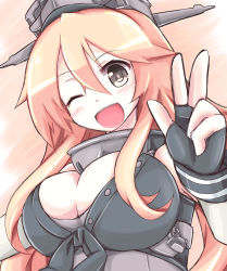 Rule 34 | 10s, 1girl, blonde hair, breasts, cleavage, elbow gloves, fingerless gloves, front-tie top, gloves, grey eyes, hair between eyes, headgear, iowa (kancolle), kantai collection, large breasts, long hair, nanashino (nanasino101), one eye closed, open mouth, sleeveless, solo