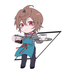 Rule 34 | 1boy, ahoge, apron, black pants, blue apron, brown hair, chibi, coffee, commentary request, cup, disposable cup, expressionless, floating clothes, full body, granblue fantasy, hair between eyes, holding, holding coffee pot, holding tray, horizontal-striped clothes, looking at viewer, male focus, messy hair, pants, sandalphon (granblue fantasy), sandalphon (server of a sublime brew) (granblue fantasy), shirt, solo focus, striped clothes, striped shirt, sweet love4s, teacup, tray, white background