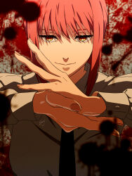 Rule 34 | 1girl, absurdres, black necktie, blood, blood splatter, buttoned cuffs, buttons, chainsaw man, closed mouth, eyelashes, fingernails, grey background, hand gesture, highres, long hair, long sleeves, makima (chainsaw man), necktie, nostrils, orange eyes, pink hair, ringed eyes, shirt, signature, sissel0104, solo, upper body, white shirt