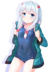 Rule 34 | 10s, 1girl, 3:, blue eyes, blue hair, blue one-piece swimsuit, blush, bow, closed mouth, covered navel, cowboy shot, eromanga sensei, faubynet, hair bow, highres, izumi sagiri, jacket, long hair, looking at viewer, md5 mismatch, one-piece swimsuit, open clothes, open jacket, pink bow, school swimsuit, shadow, simple background, solo, sweatdrop, swimsuit, swimsuit under clothes, white background