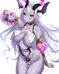 Rule 34 | bracelet, breasts, choker, earrings, fate/grand order, fate (series), hand on own chest, highres, horns, ibuki douji (fate), jewelry, large breasts, long hair, looking at viewer, nail polish, panties, purple skin, red eyes, tattoo, underwear, white background, white hair, white panties