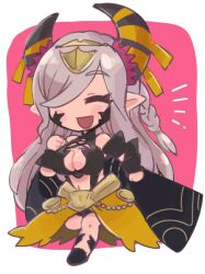 Rule 34 | 1girl, breasts, chibi, cleavage, closed eyes, fire emblem, fire emblem engage, grey hair, happy, horns, jewelry, large breasts, long hair, monster girl, nintendo, pointy ears, solo, tagme, tamatamariso85, zelestia (fire emblem)