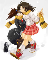 Rule 34 | 2girls, ankle boots, aran sweater, black hair, blush, boots, breasts, brown eyes, brown hair, cable knit, covered mouth, hair bobbles, hair ornament, hug, long skirt, miniskirt, multiple girls, necktie, one eye closed, original, plaid, plaid skirt, pleated skirt, ranbu hararin, red necktie, red skirt, scarf, school uniform, shared clothes, shared scarf, shoes, skirt, sneakers, socks, sweater, twintails, waist hug, white legwear, winter clothes, yellow scarf