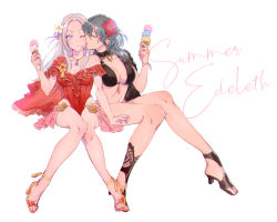 Rule 34 | 2girls, bikini, black bikini, blush, breasts, byleth (female) (fire emblem), byleth (female) (summer) (fire emblem), byleth (fire emblem), cape, closed mouth, edelgard von hresvelg, fire emblem, fire emblem: three houses, fire emblem heroes, flower, food, frilled one-piece swimsuit, frills, hair ornament, hair ribbon, highres, ice cream, licking, long hair, mizuno (iori-amu), multiple girls, nintendo, one-piece swimsuit, purple eyes, red cape, red one-piece swimsuit, ribbon, sexually suggestive, simple background, swimsuit, white hair, yuri