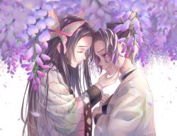 Rule 34 | 2girls, black hair, blush, butterfly hair ornament, closed eyes, colored tips, commentary request, crying, crying with eyes open, demon slayer uniform, falling petals, flower, from side, gradient hair, hair intakes, hair ornament, hand on another&#039;s chin, haori, japanese clothes, kilitsuki, kimetsu no yaiba, kochou kanae, kochou shinobu, long hair, long sleeves, multicolored hair, multiple girls, open mouth, petals, purple hair, short hair, siblings, sidelocks, sisters, smile, tears, teeth, very long hair, white background, wide sleeves, wisteria