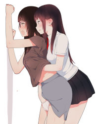 Rule 34 | 2girls, against wall, age difference, black skirt, grabbing another&#039;s breast, brown hair, clothed sex, collared shirt, commentary request, fingering, from behind, glasses, grabbing, grabbing from behind, grey skirt, hand in panties, hand under clothes, hand under shirt, haru nagoya, long hair, multiple girls, necktie, open mouth, original, panties, pencil skirt, pleated skirt, red necktie, school uniform, shirt, simple background, skirt, teacher, teacher and student, underwear, white background, white panties, white shirt, yuri