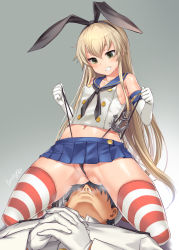 Rule 34 | 1boy, 1girl, admiral (kancolle), anchor, anchor hair ornament, anus, anus peek, ass, bare shoulders, black hairband, black neckerchief, black panties, blonde hair, blue skirt, blush, bosshi, breasts, cleft of venus, commentary request, commission, crop top, elbow gloves, epaulettes, gloves, grin, hair ornament, hairband, hetero, highleg, highleg panties, highres, kantai collection, long hair, microskirt, military, military uniform, miniskirt, naval uniform, navel, neckerchief, open mouth, own hands together, panties, panty pull, pixiv commission, pleated skirt, pussy, pussy peek, sailor collar, school uniform, serafuku, sexually suggestive, shimakaze (kancolle), sitting, sitting on face, sitting on person, skirt, small breasts, smile, spread legs, steam, steaming body, striped clothes, striped thighhighs, sweat, thighhighs, thighs, thong, underwear, uniform, upskirt, view between legs, wedgie, white gloves