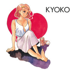 Rule 34 | 1990s (style), 1girl, barefoot, beer can, brown eyes, can, character name, drink can, earrings, fugou keiji balance:unlimited, full body, highres, jewelry, kyouko (all purpose cultural cat girl nuku nuku), official art, painting (medium), pink hair, retro artstyle, scan, short hair, sitting, sitting on lap, sitting on person, skirt, solo, takada yuuzou, traditional media, watercolor (medium)