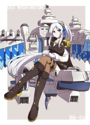 Rule 34 | 1girl, absurdres, bad id, bad pixiv id, blue eyes, blue ribbon, boots, brown thighhighs, character name, crossed legs, epaulettes, facial mark, gloves, hair ribbon, highres, long hair, looking at viewer, lulu heika, machinery, military, military uniform, own hands together, ponytail, ribbon, serious, sitting, solo, star (symbol), thigh strap, thighhighs, uniform, very long hair, warship girls r, washington (warship girls r), white gloves, white hair