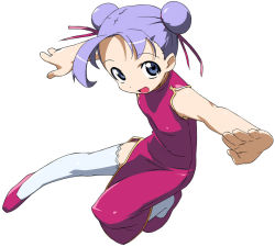 Rule 34 | 1girl, blue eyes, china dress, chinese clothes, double bun, dress, face, fighting stance, foreshortening, full body, hair bun, kanzaki hiro, open mouth, original, purple hair, simple background, smile, solo, thighhighs, white background, white thighhighs
