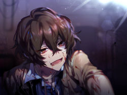 Rule 34 | 10s, 1boy, bad id, bad pixiv id, blood, blood on clothes, blood on face, brown eyes, brown hair, bungou stray dogs, dazai osamu (bungou stray dogs), gem, hair between eyes, haro18, male focus, open mouth, solo, upper body