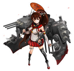 Rule 34 | 10s, 1girl, breasts, brown hair, hironox, kantai collection, large breasts, long hair, looking at viewer, mecha musume, miniskirt, personification, ponytail, red eyes, single thighhigh, skirt, solo, thigh strap, thighhighs, weapon, yamato (kancolle)