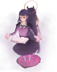 Rule 34 | 2girls, absurdres, ao-chan (ninomae ina&#039;nis), back-to-back, black hair, black skirt, blunt bangs, collarbone, commentary, dual persona, english commentary, flat chest, floating, fog, glowing, hair ornament, hairclip, halo, highres, hololive, hololive english, kneehighs, long hair, looking down, medium hair, mocomiliano, multiple girls, ninomae ina&#039;nis, open hands, purple eyes, school uniform, skirt, socks, very long hair, virtual youtuber