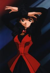 Rule 34 | 1990s (style), 1girl, 90s anime, arms up, black eyes, brown hair, dress, expressionless, jewelry, key the metal idol, official art, retro artstyle, scan, short hair, solo, utsuse miho