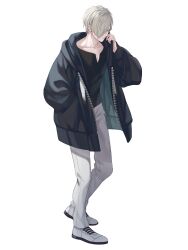 Rule 34 | 1boy, black jacket, black shirt, dairoku ryouhei, earrings, full body, hair over one eye, hand in pocket, hand up, highres, jacket, jewelry, kashino yuki, light brown hair, looking at viewer, male focus, open clothes, open jacket, pants, quyiyong, shirt, solo, standing, transparent background, white footwear, white pants