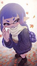 Rule 34 | 1girl, ankle socks, arm up, autumn, autumn leaves, black footwear, black socks, blue eyes, blue hair, blue jacket, blue skirt, blush, commentary request, embarrassed, falling leaves, full body, hand in pocket, highres, inkling, inkling girl, inkling player character, jacket, leaf, loafers, long hair, maple albus, nintendo, no nose, open mouth, pleated skirt, pointy ears, scarf, shoes, skirt, socks, solo, splatoon (series), sweatdrop, tentacle hair, twintails, white scarf