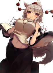 Rule 34 | 1girl, animal ears, black skirt, breasts, closed mouth, detached sleeves, hat, highres, inubashiri momiji, kurowa (curowa), large breasts, long skirt, looking at viewer, midriff, navel, pom pom (clothes), red eyes, red hat, shirt, short hair, silver hair, simple background, skirt, solo, tail, tokin hat, touhou, white background, white shirt, wide sleeves, wolf ears, wolf tail
