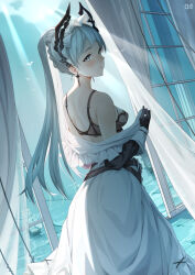 Rule 34 | 1girl, absurdres, arknights, artist name, belt, black belt, black bra, black gloves, blush, bra, braid, breasts, chinese commentary, commentary request, curtains, d. joko, dress, frilled headwear, gloves, grey eyes, grey hair, high ponytail, highres, indoors, irene (arknights), irene (voyage of feathers) (arknights), lace, lace bra, looking at viewer, looking back, maid headdress, medium breasts, mixed-language commentary, ocean, open window, parted lips, scar, scar across eye, ship, simple bird, solo, sword earrings, underwear, undressing, watercraft, white dress, white headdress, window