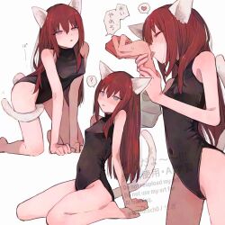 1girl 1other ? animal_ears bare_shoulders between_legs black_leotard blush breasts cat_ears cat_girl cat_tail commentary covered_navel dot_nose half-closed_eyes heart highres leotard licking_another&#039;s_hand long_hair makise_kurisu multiple_views parted_lips petite purple_eyes red_hair simple_background sleeveless_turtleneck_leotard small_breasts speech_bubble spoken_heart spoken_question_mark steins;gate suehiroch0 sweatdrop tail tail_between_legs tongue tongue_out translation_request very_long_hair watermark white_background white_tail