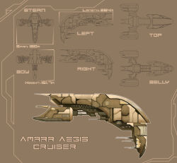Rule 34 | absurdres, amarr empire (eve online), brown background, brown theme, clayman8, commentary, concept art, cruiser (eve online), english text, eve online, from above, from behind, from below, from side, highres, military, military vehicle, multiple views, no humans, original, radio antenna, science fiction, space ship, spacecraft, spaceship, vehicle focus
