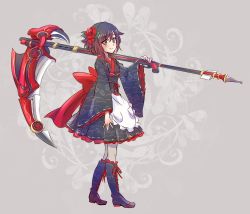 Rule 34 | 1girl, boots, crescent rose, eyes visible through hair, flower, full body, grey background, hair between eyes, hair flower, hair ornament, highres, holding, holding scythe, iesupa, looking at viewer, pantyhose, rose, ruby rose, rwby, scythe, short hair, simple background, solo, standing, unmoving pattern