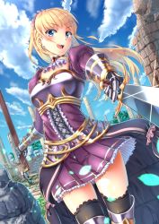 Rule 34 | 1girl, absurdres, armor, bad id, bad pixiv id, black thighhighs, blonde hair, blue eyes, breastplate, earrings, gauntlets, hair ornament, highres, holding, holding sword, holding weapon, jewelry, long hair, looking at viewer, nosa, original, outdoors, pleated skirt, purple skirt, skirt, solo, sword, thighhighs, weapon