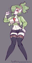 Rule 34 | 1girl, abs, artist name, bike shorts, black thighhighs, blush, breasts, cleavage, collarbone, creatures (company), eifie, flexing, full body, game freak, gardevoir, gen 3 pokemon, green hair, green jacket, grey background, hair ornament, hair over one eye, hair tie, hand on own hip, happy, headband, highres, jacket, large breasts, looking at viewer, muscular, navel, nintendo, open clothes, open jacket, pokemon, pokemon (creature), pokemon rse, ponytail, red eyes, sarashi, short hair, simple background, sketch, smile, solo, thighhighs, thong, watermark, web address, zettai ryouiki