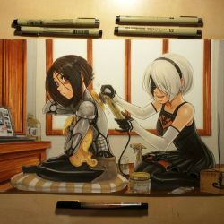 Rule 34 | 2b (nier:automata), 2girls, alita, alita: battle angel, battle angel alita, black blindfold, black dress, black hair, black hairband, black legwear, blindfold, bottle, breasts, casual, commentary, crossover, cyberpunk, cyborg, dress, elbow gloves, english commentary, gloves, grin, hairband, holding, holding own hair, indian style, indoors, marker (medium), mole, mole under mouth, multiple girls, nier:automata, nier (series), omar dogan, parted lips, photo (medium), polishing, power tool, science fiction, seiza, short hair, shorts, silver hair, sitting, smile, spray bottle, thighhighs, topless, traditional media