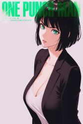 Rule 34 | 1girl, artist name, black hair, black jacket, bob cut, breasts, cleavage, collarbone, commentary, copyright name, cover, english commentary, fake magazine cover, fubuki (one-punch man), green eyes, highres, jacket, large breasts, looking at viewer, magazine cover, mostlybluewyatt, one-punch man, parted lips, shirt, short hair, solo, upper body, white shirt