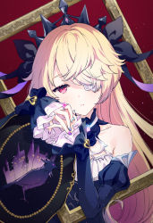 Rule 34 | 1girl, bare shoulders, bird, blonde hair, detached sleeves, eyepatch, fischl (ein immernachtstraum) (genshin impact), fischl (genshin impact), frilled sleeves, frills, genshin impact, highres, jewelry, long hair, looking at viewer, nail polish, official alternate costume, oz (genshin impact), picture frame, pink hair, red background, ring, rumi (rarumi11), solo, upper body