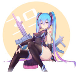 Rule 34 | 1girl, 39, 974498491, absurdly long hair, absurdres, aqua eyes, aqua hair, artist name, artist request, assault rifle, black gloves, black thighhighs, blue eyes, blue hair, china dress, chinese clothes, chinese commentary, commentary, dress, elbow gloves, female focus, gloves, gradient hair, gun, h&amp;k hk416, h&amp;k mp5, hair between eyes, hand on own knee, hatsune miku, headset, highres, long hair, looking at viewer, mixed-language commentary, multicolored hair, number tattoo, pink hair, rifle, scope, shoulder tattoo, sitting, solo, submachine gun, tattoo, thighhighs, twintails, very long hair, vocaloid, weapon
